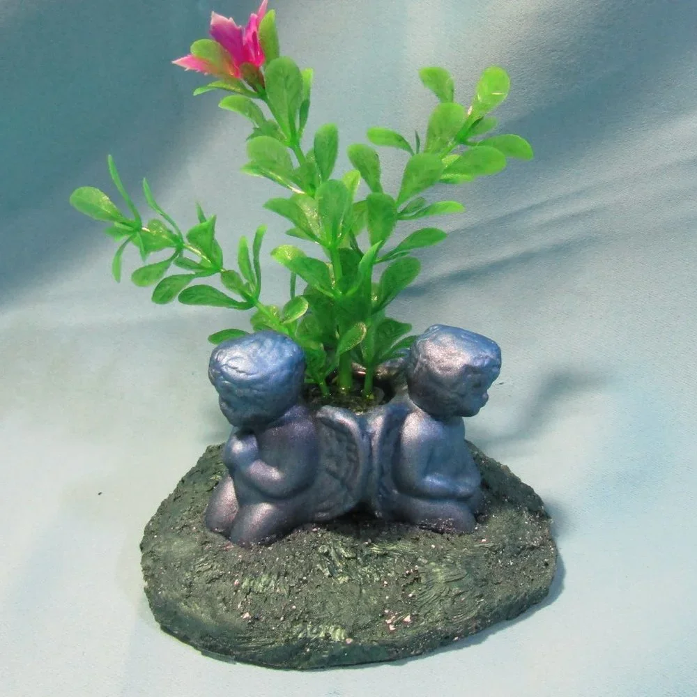 Aquarium Decoration - Blue Cherub Angels with Flowering Plant